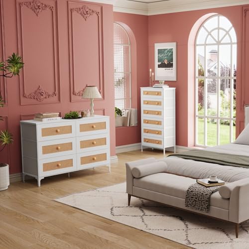 Crestlive Products Rattan Dresser, 6-Drawer Dresser for Bedroom Modern Wide Storage Chest Organizer Unit with Fabric Bins (The color of the product is different, see the picture)